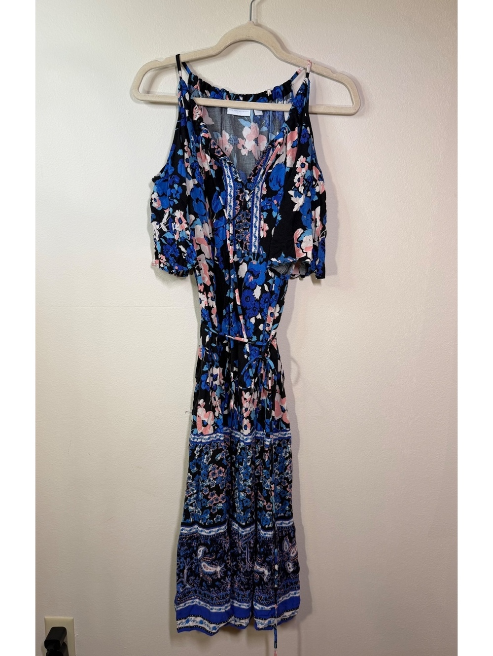 New York & Company Floral Cold Shoulder Maxi Dress in Blue and Black